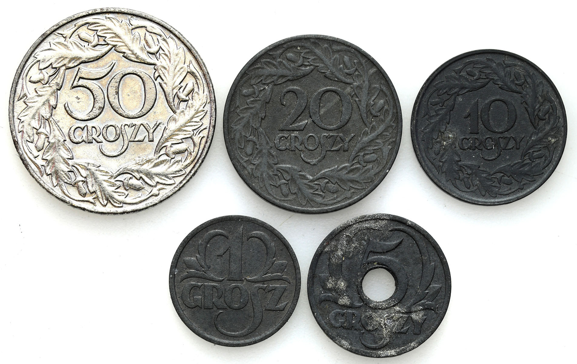 Generalna Gubernia. 1 do 50 groszy 1923-1938, zestaw 5 monet